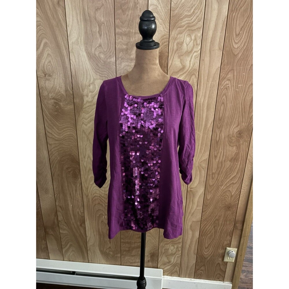 Style & Co. long, ruched-sleeved purple top‎ with sequins Size Small
